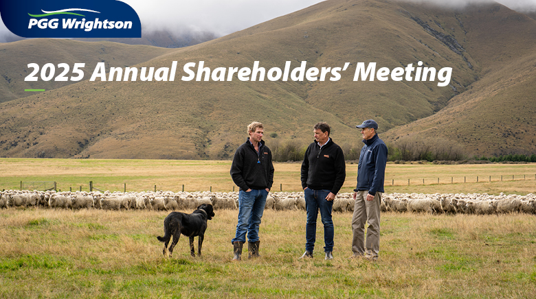 three farmers standing in a field with a dog
