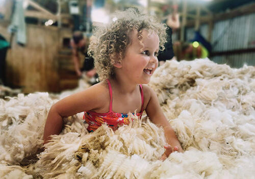 young girl playing in lambs wool