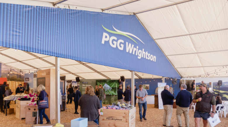 PGG Wrightson tent at Fieldays with people connecting and looking at information.