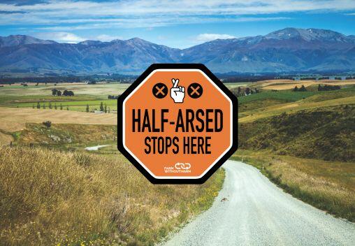 Farm Without Harm 'Half-arsed stops here' logo, superimposed on image of farm.