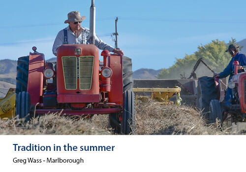 A man in a straw hat drives a vintage red tractor through dry farmland with another red tractor behind. Caption: Greg Wass, Marlborough.