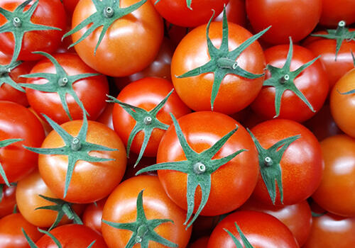 A close-up view of bright red Kakanui tomatoes piled closely together, showing their glossy skins and green tops. Caption: Deborah Grant, Otago.