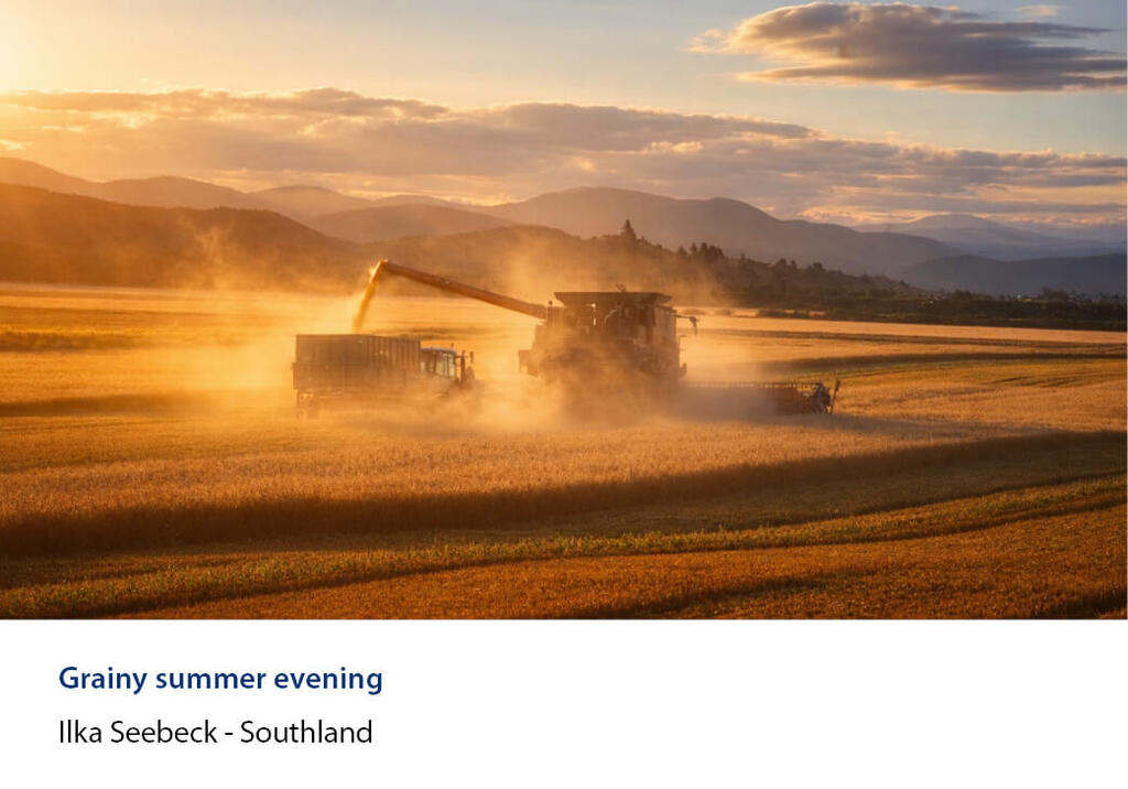 Combine unloading grain into a trailer in dust at sunset with hills behind.