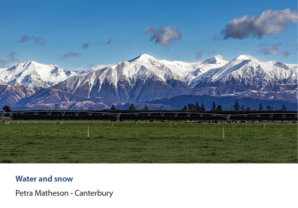 Green paddock and irrigator in front of dairy farm beneath striking snow-capped mountain range.