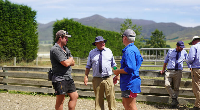 Two farmers and a Livestock Rep talking at a lamb sale