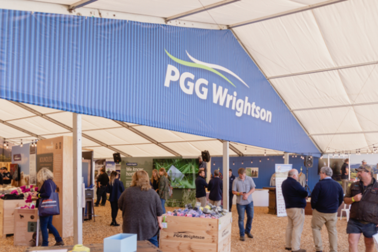 PGG Wrightson tent at Fieldays with people connecting and looking at information.