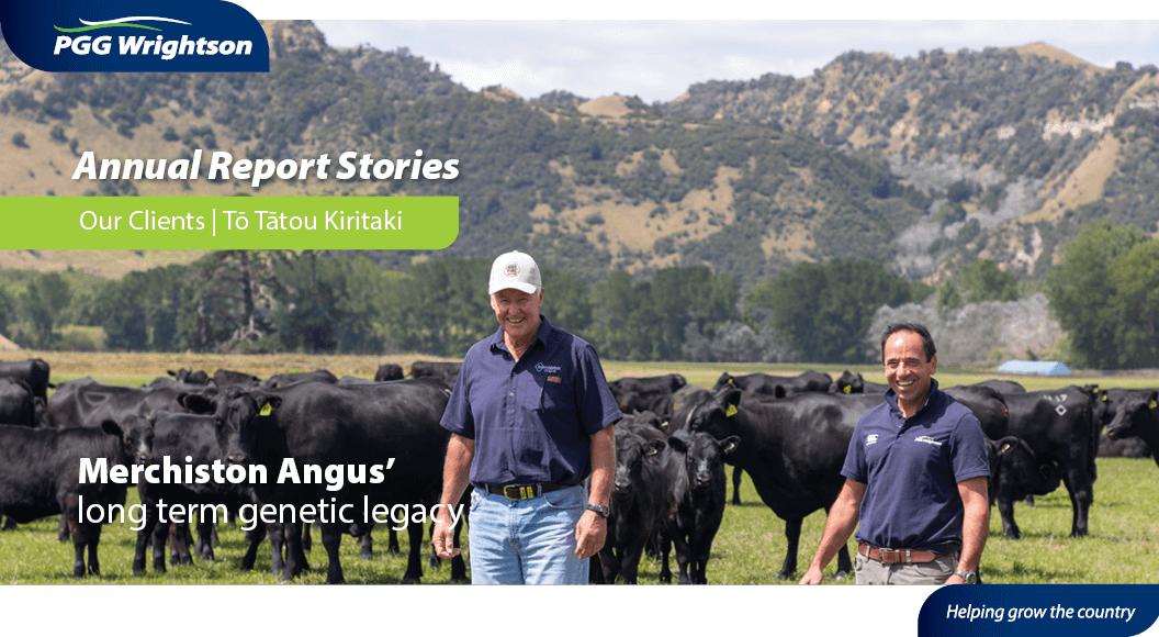 PGG Wrightson National Genetics Manager, Callum Stewart, surveys the herd before the foundation sale with Richard Rowe, co-owner of Merchiston Estate, northeast of Marton, Manawatū.