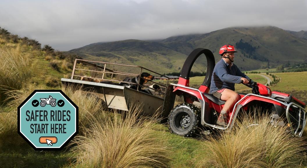 Farmer driving quad bike with Trax Equipment crush protection device installed. 