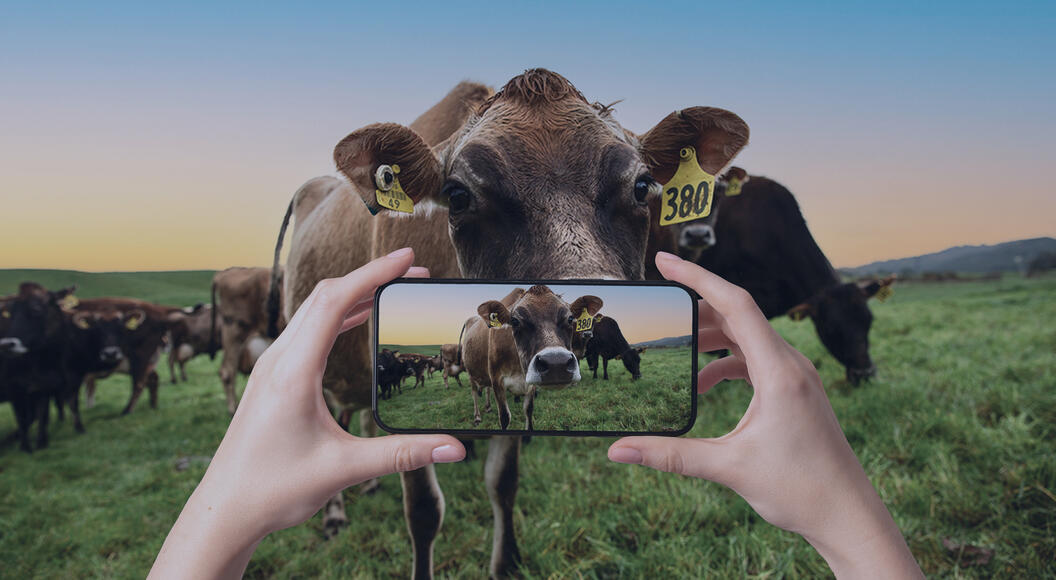 A person holding a phone taking a photo of a cow